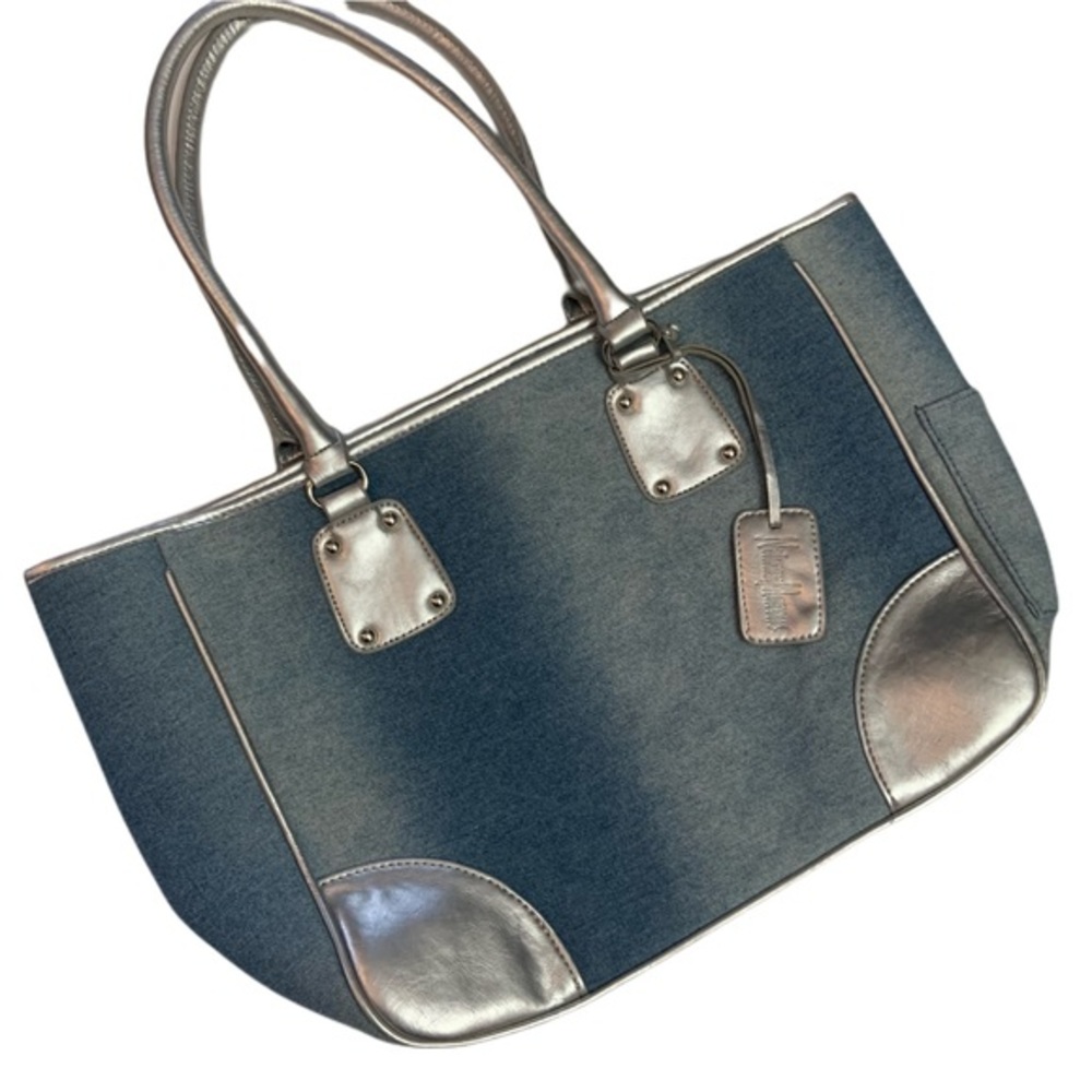 Neiman Marcus Denim Silver Metallic Tote Large HandBag Purse